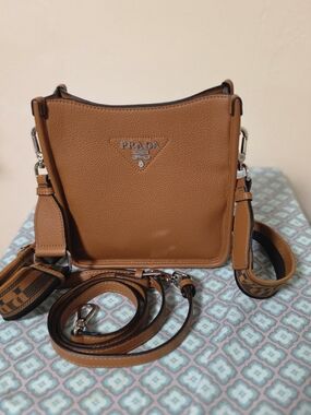 Prada Vitello Daino Soft Mini Hobo Messenger Bag in Carmel Calfskin Leathee